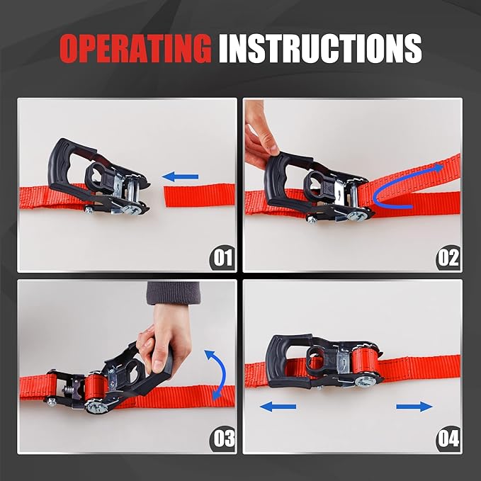 AWELCRAFT Ratchet Straps(4 Pack),3300lb Breaking Strength,1.5in×10ft Heavy Duty Tie Down Ratcheting with Padded Handles,Double J Hooks & 4 Soft Loops for Trailer,Trucks,Motorcycle(Red)