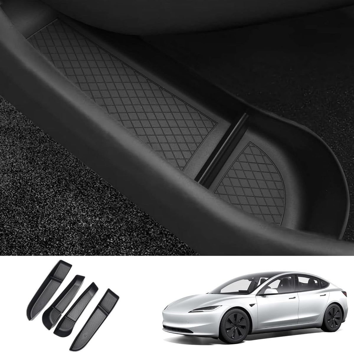 Door Side Storage Box for Tesla Model 3 Highland Accessories 2024 2025 2026 Door Pocket Liners TPE Front & Rear Side Organizer Tray Protector Liner (Model 3 Highland) 4pcs