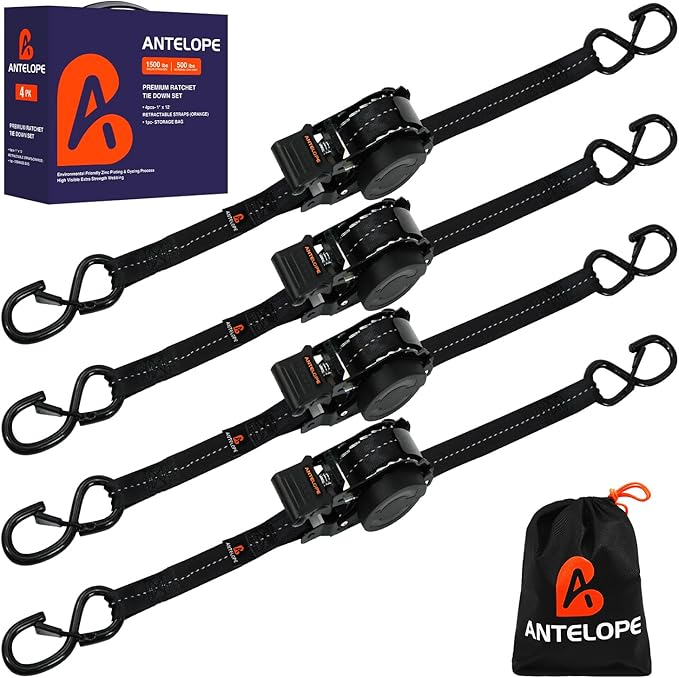 Retractable Ratchet Straps (4 PK) 1 in x 12 ft Auto Retract Tie Down Straps, 1500lb Break Strength AutoRetract Self Retracting for Motorcycle, Truck, Cargo, Trailer, ATV, UTV -Black