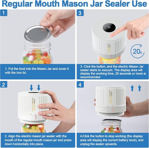 LOVE MOMENT Electric Mason Jar Vacuum Sealer Kit - Ideal for Wide & Regular Mouth Jars - White