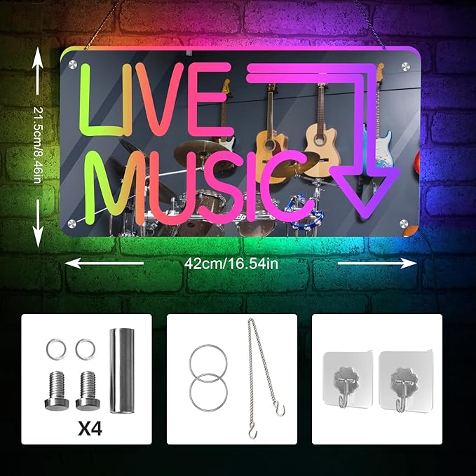 Live Music Neon Sign App Controlled LED Sign Mirror Wall Light with Customizable Colors USB Powered for Studio Bar Party Decor for Musicians and Creators