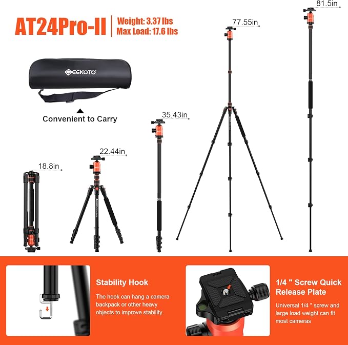 GEEKOTO 77'' Aluminum Camera Stand & Monopod, Foldable Travel Gear