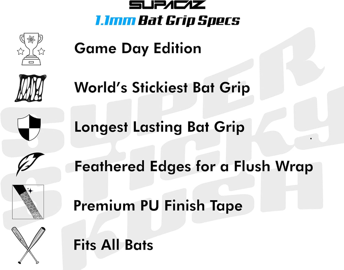 Supacaz Super Sticky Kush Baseball Bat Tape - High-Performance Softball Grip - 1.1mm Thickness