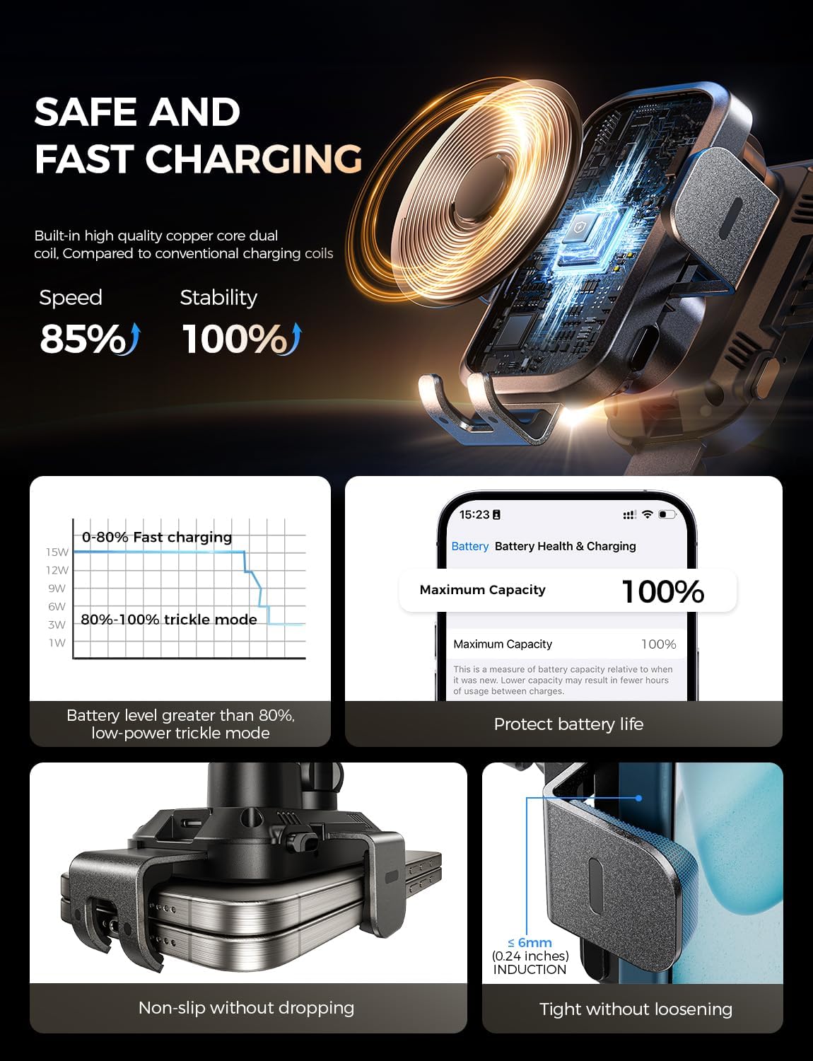 Wireless Car Charger with Phone Holder Mount, 15W Fast Charging Auto Clamping Phone Holders for You Car Windshield Dashboard Air Vent Accessories for iPhone, Samsung Galaxy, Google, etc