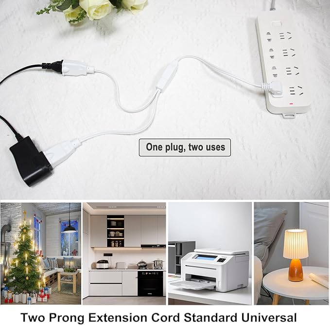 Power Cord Extension and Splitter,2-Pack White 2 Prong,Power Splitter with 90°Right Angle Plug -2 Way Outlets Splitter Extension Cord for Indoor/Outdoor Use