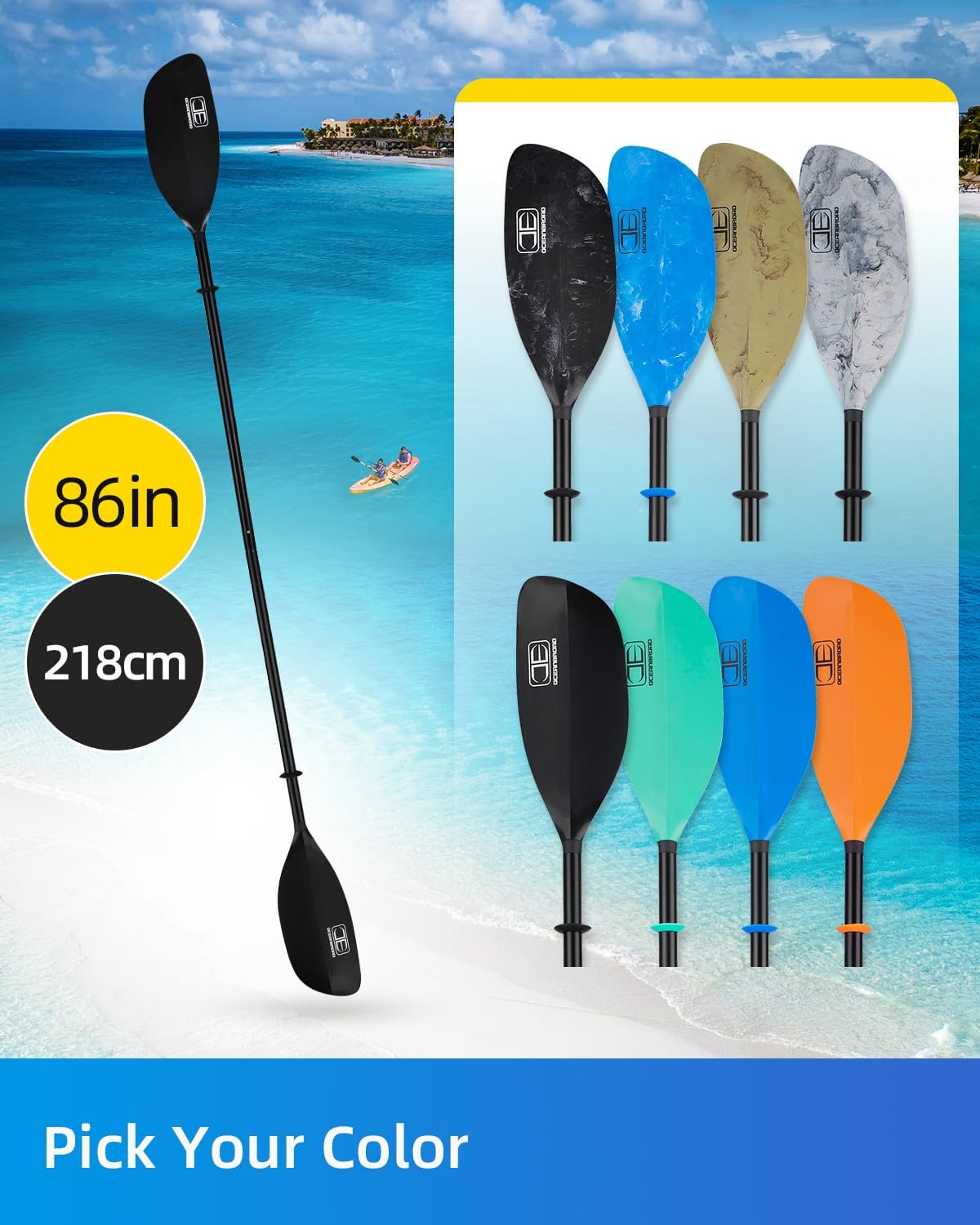 OCEANBROAD Kayak Paddle - Floatable 2-Piece Alloy Shaft Oar | 86in/218cm & 90.5in/230cm Options
