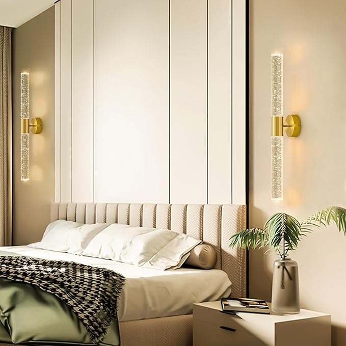 Gold Wall Sconces Set of 2 LED Modern Sconces Dining Room Wall Lighting 10W 3000K LED Wall Lights Crystal Hardwired Wall Light Fixtures for Living Room Bedroom Bathroom Hallway