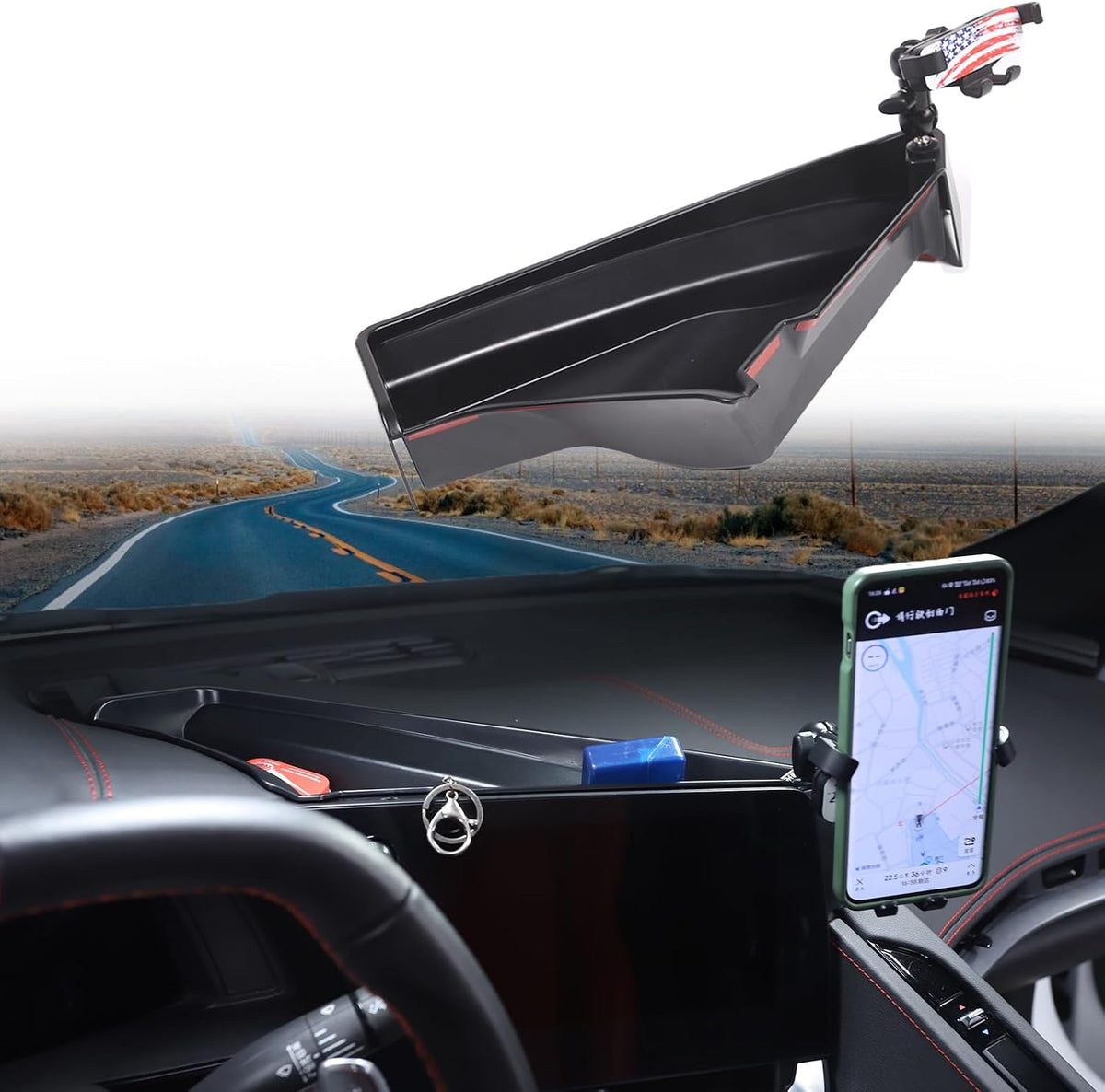 for Corvette C8 Center Console Tray Phone Holder Mount Organizer,360 Degree Rotatable Phone Holder Stand Navigation Screen Rear Storage Box Organizer Tray for Corvette C8 2020-2024 2025 (E)