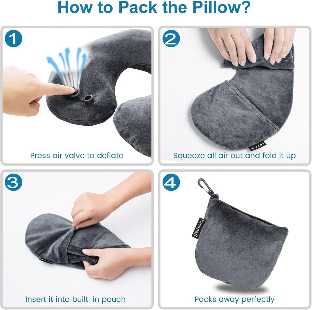 Keemall Inflatable Travel Neck Pillow, Super Soft Plane Neck Support Pillow for Travel Ariplane Sleep Support, Adjustable Neck Cushion Headrest Pillow, Folds Up Nicely, Black Grey