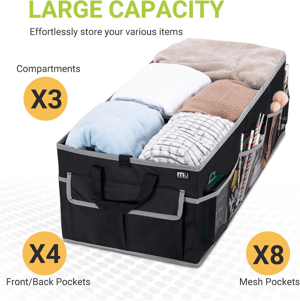 MIU COLOR Trunk Organizer for Car, SUV Trunk Organizer, 12 Pockets, Non-Slip Bottom, Sturdy Oxford Car Organizer for Sedans, Van, Jeep, Grocery, Large 3 Compartments, Black Gray, 32"×13"×10.6"