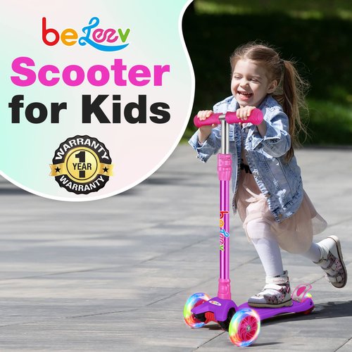 BELEEV Scooters for Kids 3 Wheel Kick Scooter for Toddlers Girls Boys, 4 Adjustable Height, Lean to Steer, Light up Wheels, Extra-Wide Deck, Easy to Assemble for Children Ages 3-12 (Pink Purple)