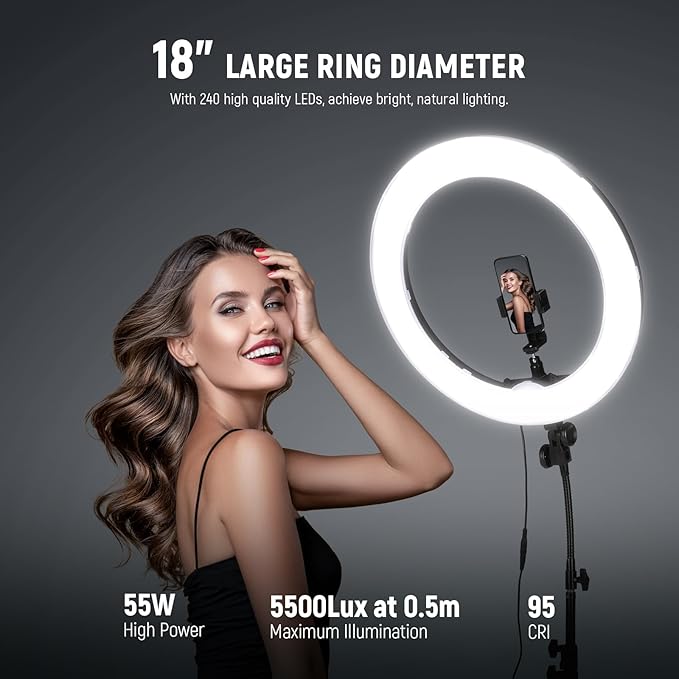 NEEWER 18 Inch Ring Light with Tripod Stand, 55W Large LED Ringlight, Cold Shoe