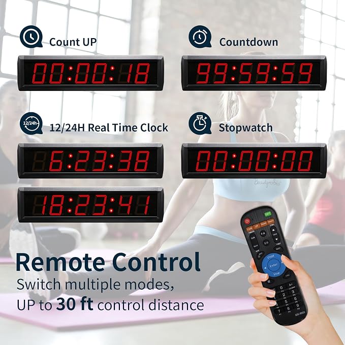 Large Digital Wall Clock with Remote Control, LED Stopwatch Timer, Count Up