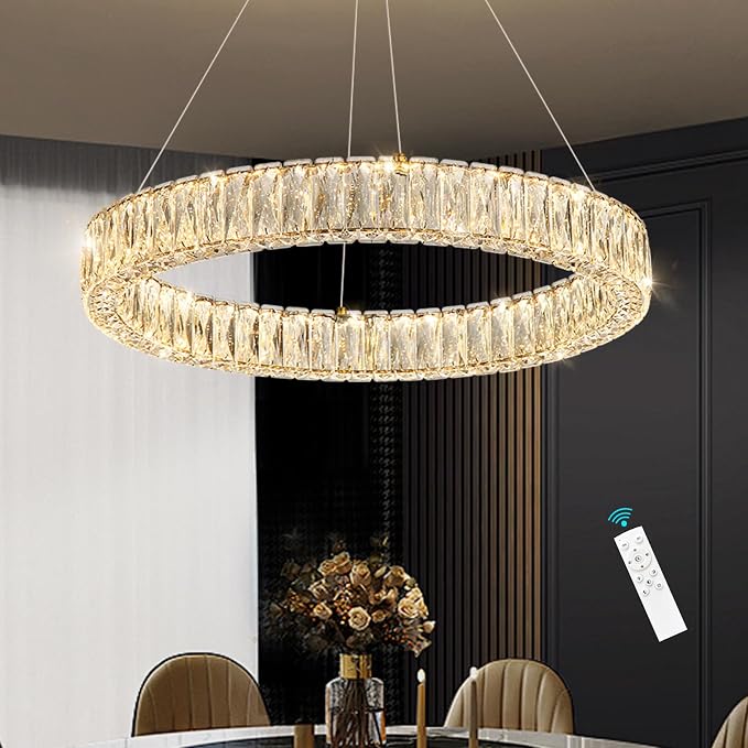 HAIXIANG Modern Crystal Chandelier Dimmable LED Ring Pendant Lights Adjustable