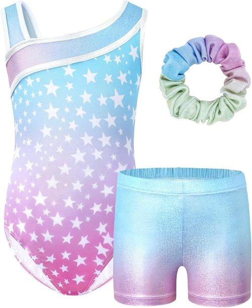 JiAmy Girls Gymnastics Leotards - Glitter Ballet Dance Unitards with Shorts & Hairband for Kids