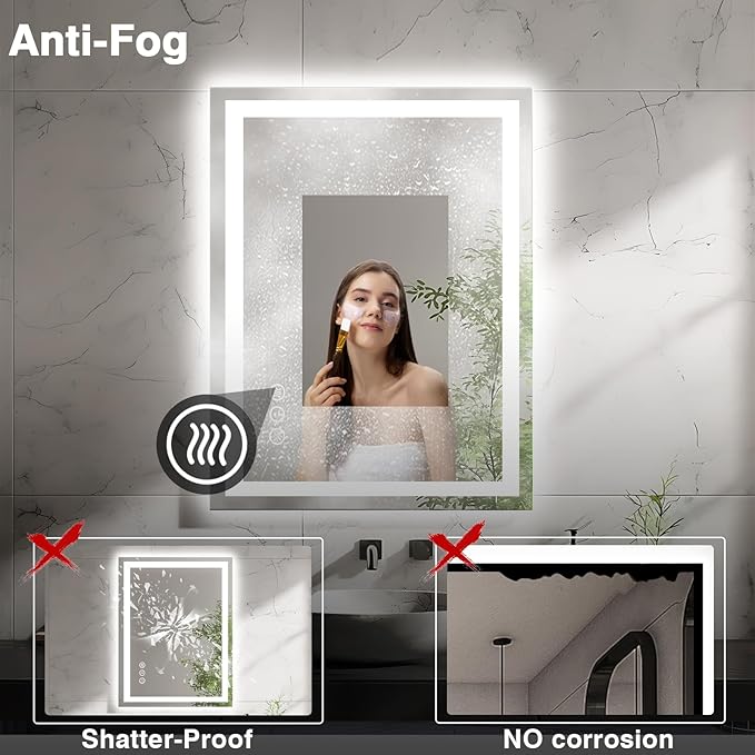 20"x28" LED Bathroom Mirrors for Wall, Front and Backlit Mirror, Anti-Fog Vanity Mirror with Lights, Stepless 3 Colors Dimmable Smart Lighted Mirror(Horizontal/Vertical)