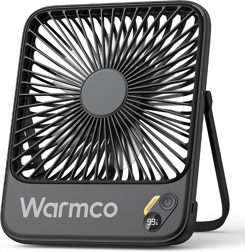 Warmco 10000mAh Portable Travel Fan 7-inch, Max 24H Runtime, Ultra-thin Quiet Rechargeable Battery Operated Desk Fan with Digital Display for Camping, Office, Bedroom, Cruise Essentials