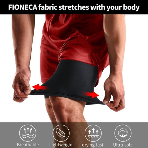 FIONECA 2 in 1 Mens Shorts Casual 2 Pack, Running Gym Shorts for Men 7 Inch, Workout Shorts Men with Pockets &Towel Loop -(Black&Red,XL)