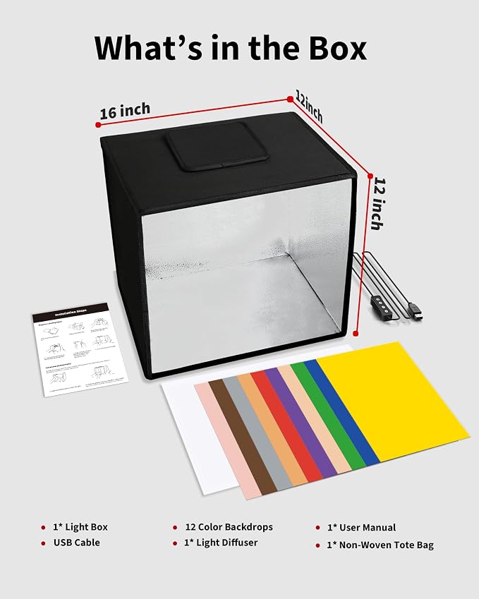 Glendan Portable Light Box Photography: 16"x12" Folding Photo Box