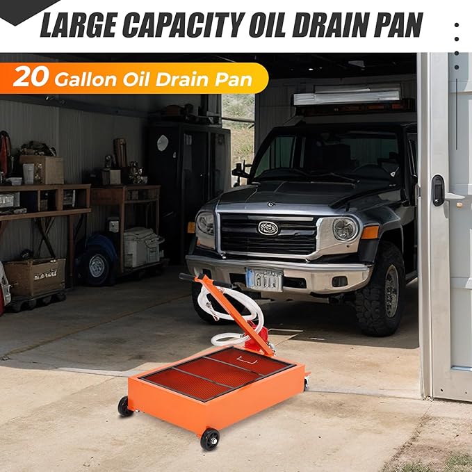 20 Gallon Oil Drain Pan with Manual Pump, Low Profile Oil Drain Pan for Oil Change, Oil Change Pan with 8.2 Ft Hose and Folding Handle, Rolling Oil Drain Cart for Car, SUV, Trucks