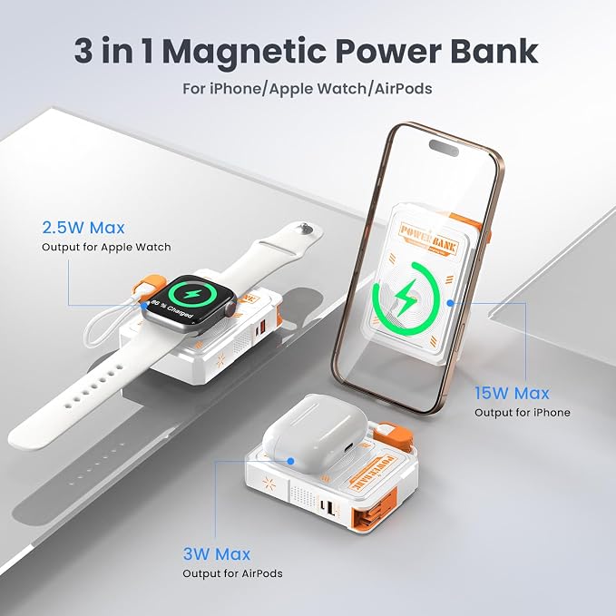 ummz for Magsafe Battery Pack 10000mAh,5-in-1 Magnetic Portable Charger with Wall Plug, Wireless Power Bank for Apple Watch,22.5W Fast Charging PowerBank for iPhone 17 Pro Max/16/15/14/13/12