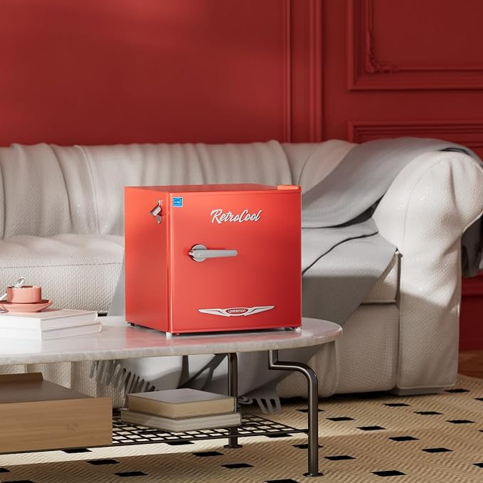 Upstreman 1.7 Cu.Ft Retro Mini Fridge, Low Noise, Energy Saving, Adjustable Thermostat, Single Door, Side Bottle Opener, Metal Handle, Compact Refrigerator for Office, Bedroom, Dorm-FR17 PRO (Red)