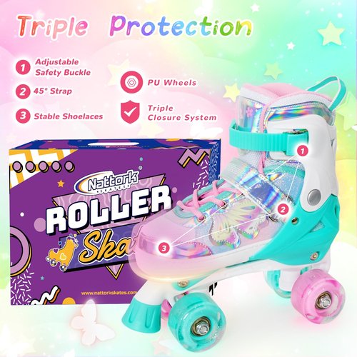 Nattork Kids Roller Skates for Girls Boys - Teal for Toddlers Age 3 4 5 - Adjustable All Light up Wheels Butterfly and Flower Indoor Outdoor Sports Birthday Gift for Son and Grandson, X-Small(7C-9C)