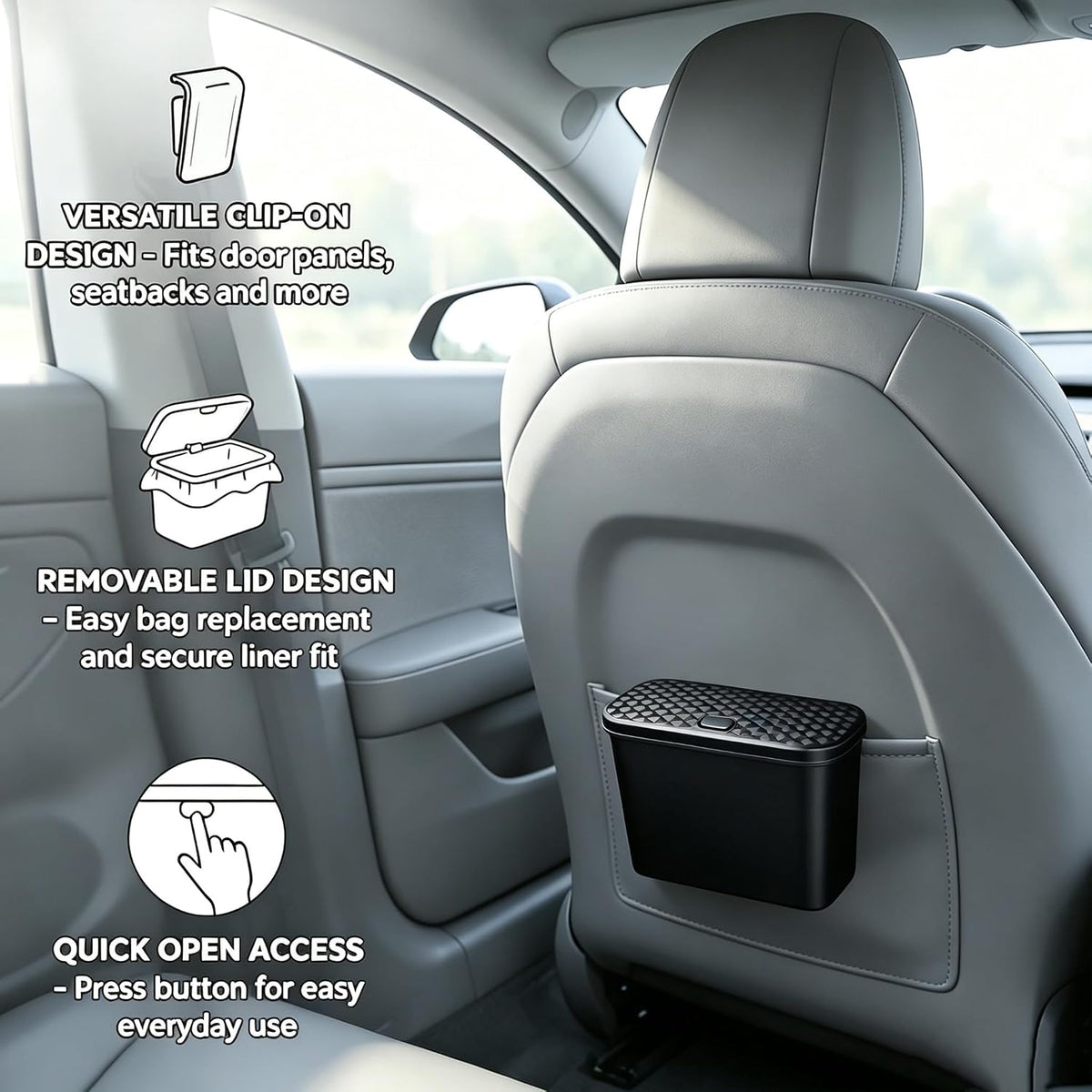 Mini Car Trash Can with Lid,Black ABS Hanging Bin for Door and Seat Back