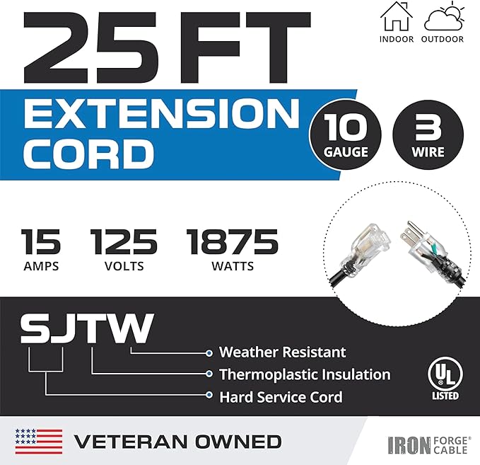 Iron Forge Cable 25 ft Lighted Outdoor Extension Cord - 10/3 SJTW Heavy Duty Black Extension Cable with 3 Prong 15 AMP Grounded Plug for Safety