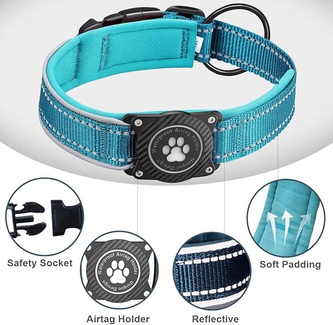 Airtag Dog Collar with Waterproof Air Tag Holder, Luminous Reflective, Soft Padded, Adjustable Nylon Pet Collar for Small Medium Large Heavy Duty Dogs,Blue, S