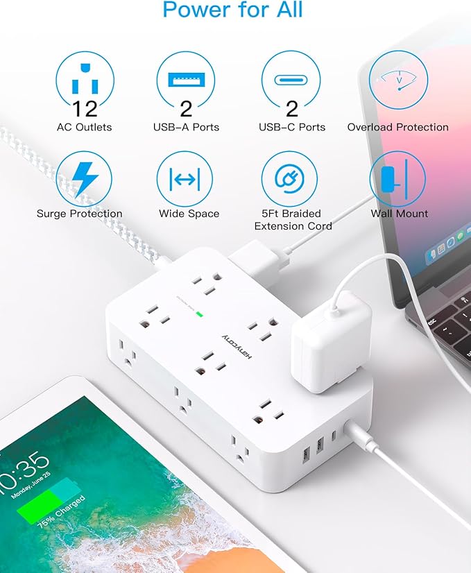 Power Strip Surge Protector, HANYCONY 12 Multiple Outlets 4 USB Ports (2 USB C), 5Ft Braided Extension Cord Flat Plug, Overload Surge Protection, Desk for Office Home College Dorm Room Essentials