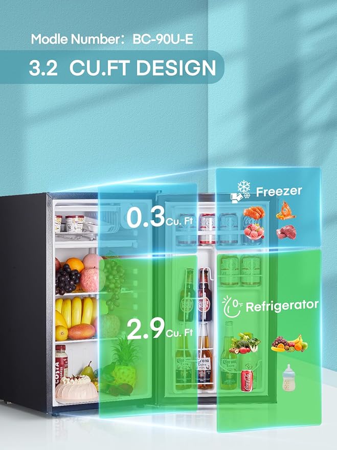 FOHERE 3.2 Cu. Ft Mini Fridge with Freezer, Single Door Compact Refrigerator, Small Fridge with 7 Adjustable Thermostat for Dorm, Bedroom, Office, Reversible Door, Energy Saving, Low Noise, Black