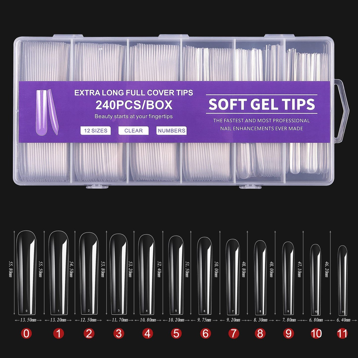 Cycullinyt Square Gel X Nail Tips, 240Pcs Soft Gel Square Long Nail Tips, 12 Sizes Acrylic False Nail Tips, For Beginner And Pro