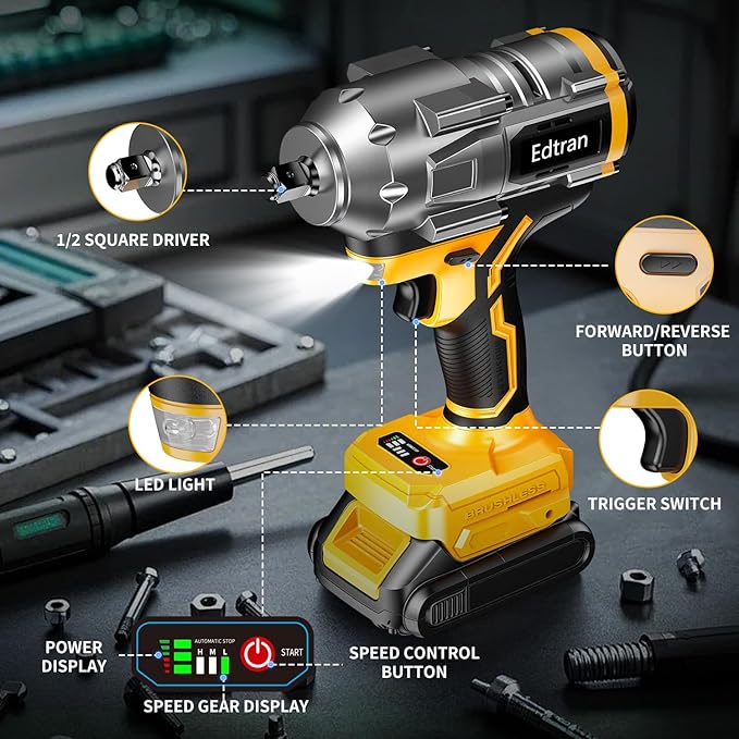 Cordless Impact Wrench 1/2 For Dewalt 20V Battery,1500Nm/1106FT-LBS Brushless Impact Driver,4-Speed Impact Drill Gun Tool 2100 RPM High Torque With 5 Sockets for Automotive/Motorcycle Repair
