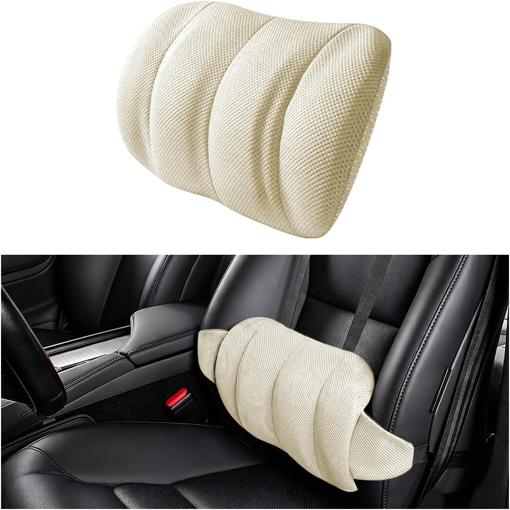 Car Lumbar Support Pillow, Memory Foam Vehicle Seat Lower Back Support Cushion with Adjustable Strap, Auto Seat Lumbar Pillow Accessories for Driving Pain Relief, Universal Fit (Beige)