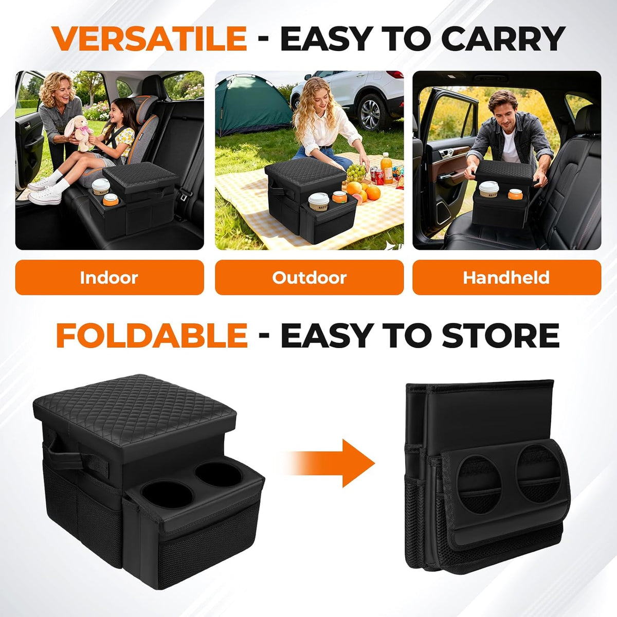 Autorder Car Seat Organizer with 2 Cup Holders - Foldable Universal Rear Bench Seat Console, 21 Qt Large Seat Organizer and Storage, Car Seat Back Storage Box (Black)