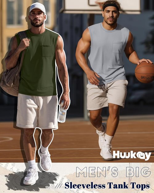 Huukeay Men's Big & Tall Sleeveless Tank Tops - 3 Pack Cotton Muscle Shirts for Gym & Casual Wear