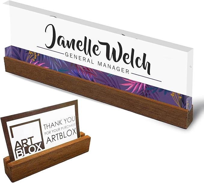 Artblox Personalized Office Desk Name Plate and Business Card Holder | Clear Acrylic Glass with Teak Wood Stand | Purple Stripe Design Customized with Your Name and Credentials Office Desk Décor