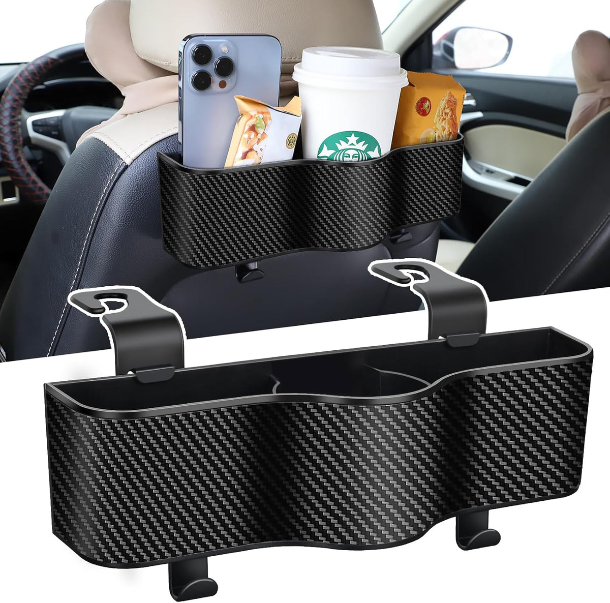 Backseat Car Organizer with Cup Holder &Headrest Hooks, Premium Leather-1PC
