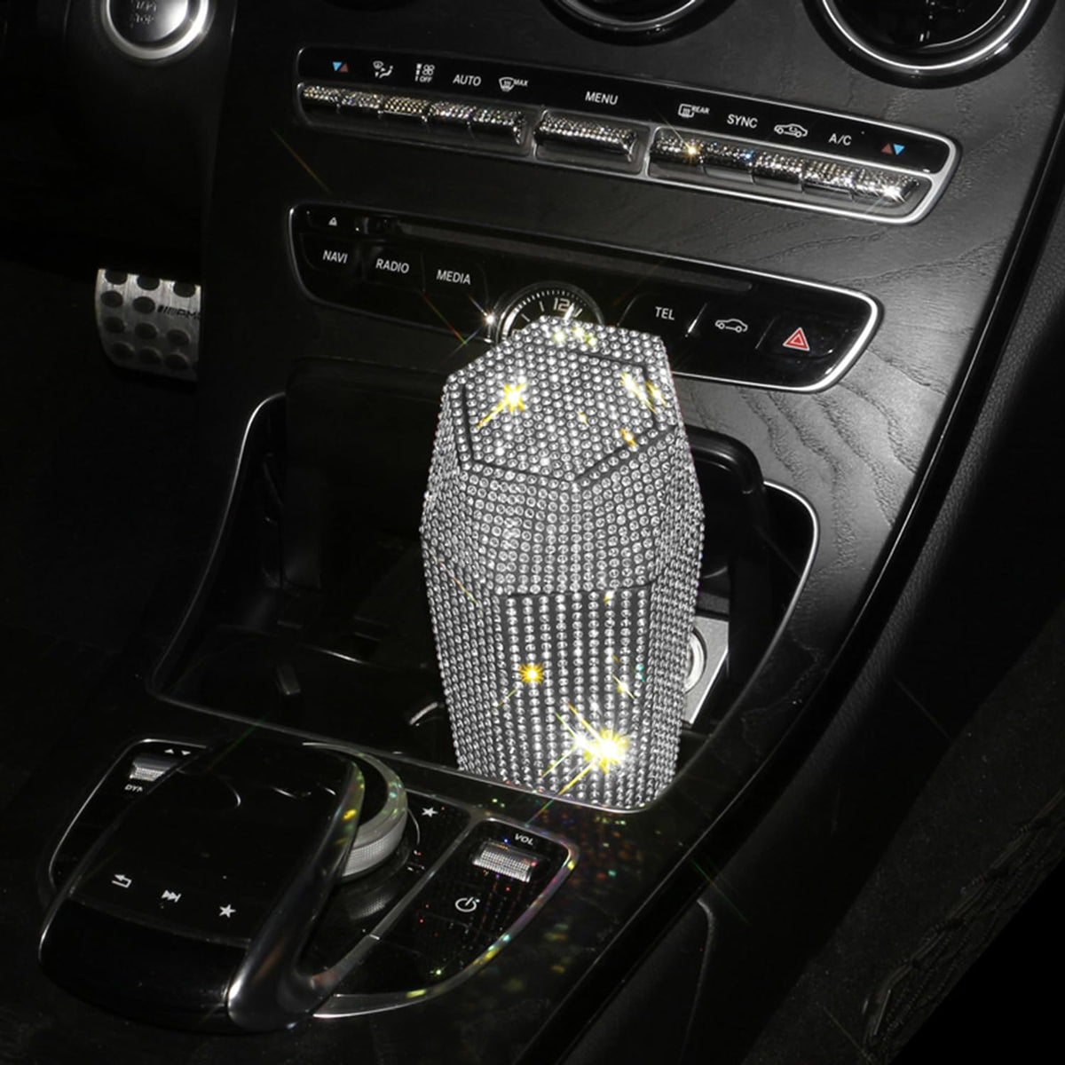 Rhinestone Car Trash Can with Lid, Sparkly Garbage Can, Diamond Design Small Automatic Portable Trash Can for Automotive, Home, Office, Kitchen, Bedroom.