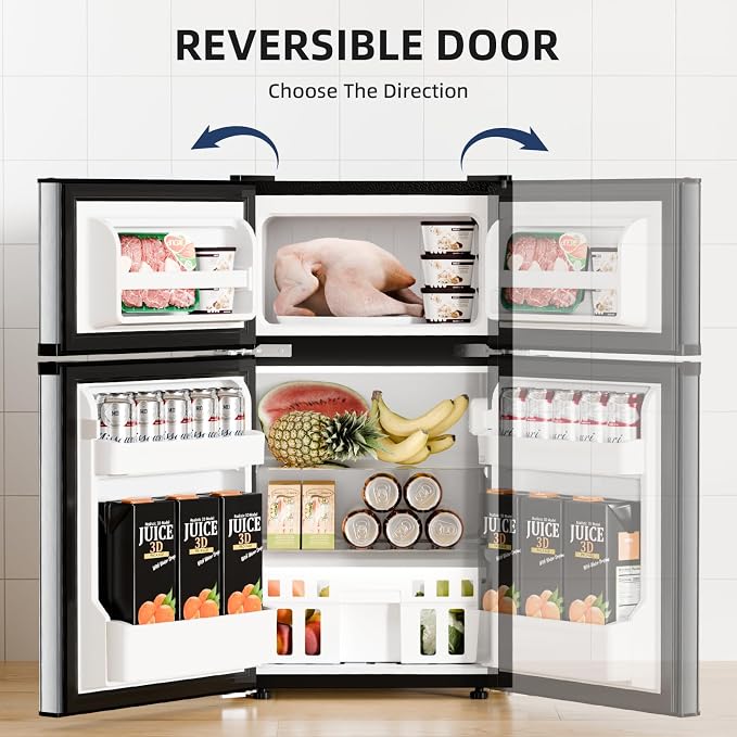 Antarctic Star Compact Refrigerator with Freezer,2 Door Mini Fridge,Adjustable Shelf,Adjustable Thermostat,for Bedroom,Office,Dorm,Kitchen,3.2 Cu.Ft.Silver