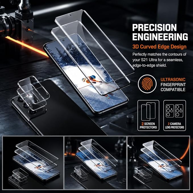 2 Pack Galaxy S21 Ultra Screen Protector, HD Clear Tempered Glass, 2 Pack