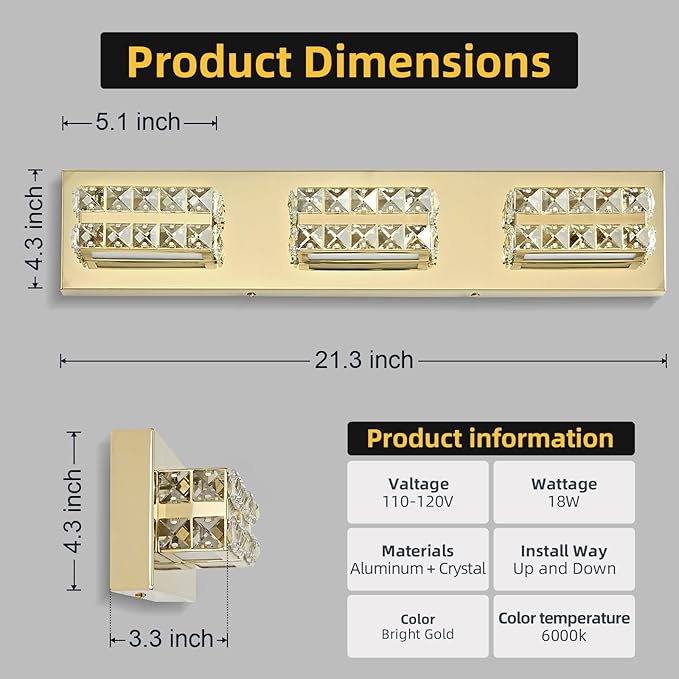 OKELI Crystal Vanity Lights LED Bathroom Vanity Light Fixture Over Mirror Modern Indoor Gold Lamp, 6000K Cold White Dimmable, 3-Lights, 20W, ETL Listed