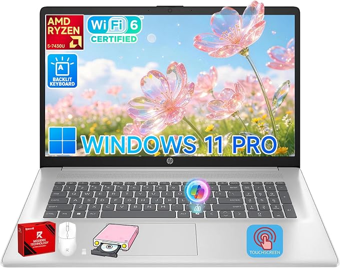HP 17 Touchscreen Laptop Computer, 32GB RAM, 1TB SSD, AMD Ryzen 5 7430U, Backlit Keyboard, 17.3 Inch Large Anti-Glare Display, Wi-Fi 6, AI Copilot, Windows 11 Pro, Business & Student Computer