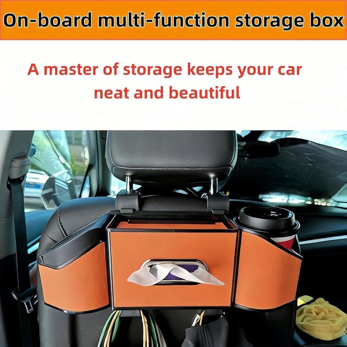 Car Back Seat Organizer, Car Tissue Holder, Cup Holder for Car - 2026 Upgrade 4-in-1 Leather Organizer & Storage Box for Phone, Snacks, Drinks, Handbag. Keep Your Ride Clean (Black)