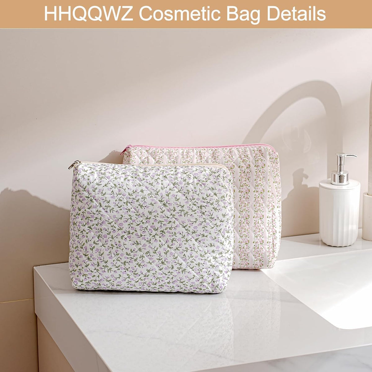 Makeup Bag Travel Cosmetic Bag for Women Girls, Zipper Make Up Pouch, Floral Flowers Toiletry Organizer Makeup, Portable Storage Cosmetic Travel Cloth Bag (L/Pink Floral)