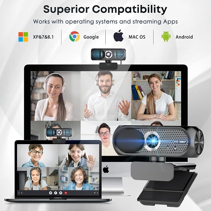 2K Webcam with Microphone, Noise Cancellation, Privacy Cover, Wide-Angle Lens
