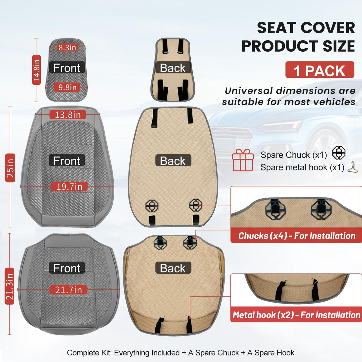 1 Pack Gray Ventilated Cooling Car Seat Covers for Summer