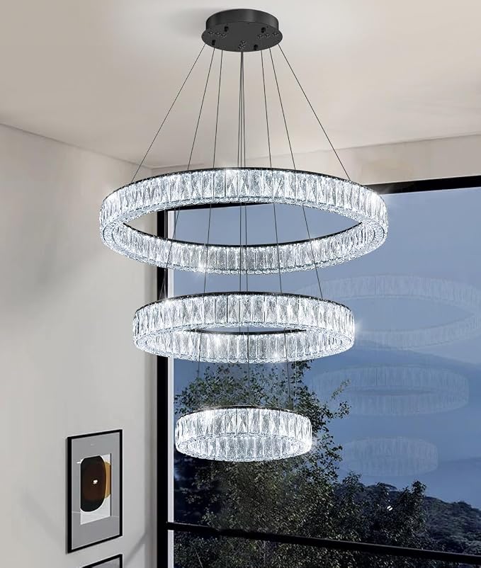 HAIXIANG Modern Glam Chandelier Crystal LED Remote Rings Chandelier Adjustable