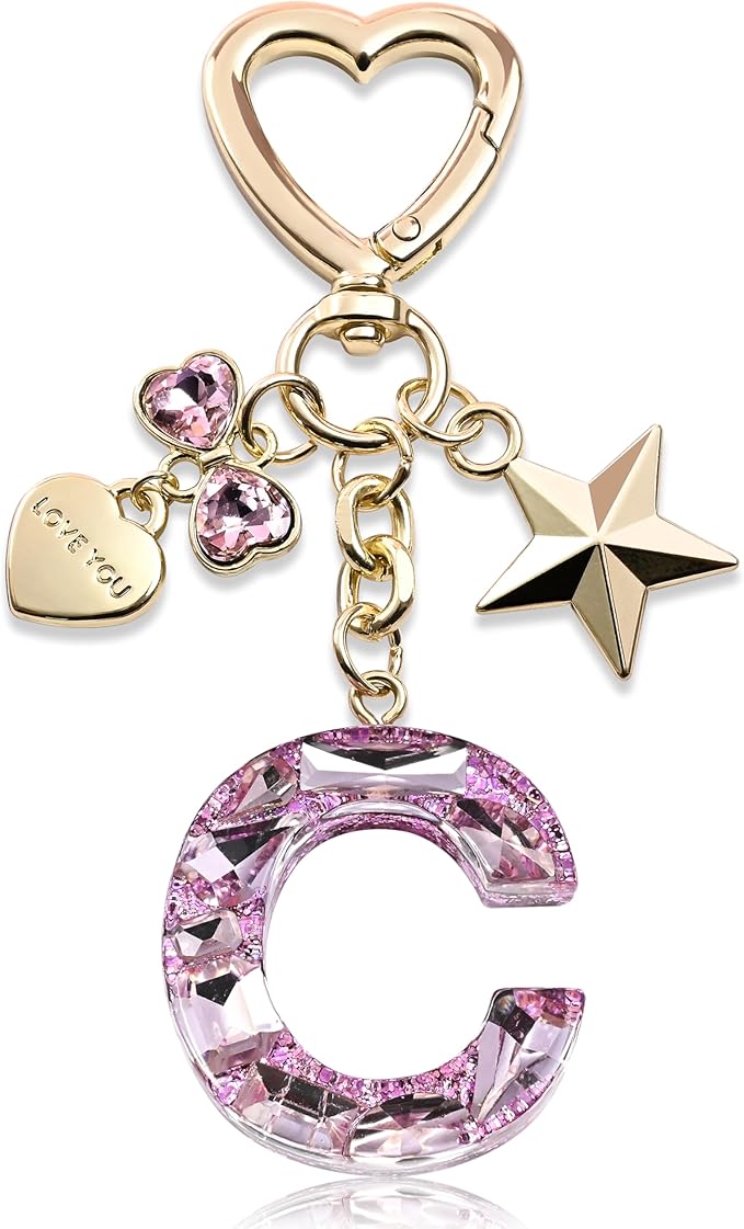 Cute Bling Keychain initial Letter Butterfly Star Pink Purple Gift for Women Girls Bag Cup Charms Accessories